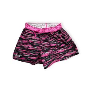 Under Armour HeatGear Girls XS Pink Black Tiger‎ Stripe Athletic Shorts 150/60A